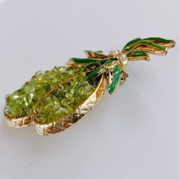 Vintage Mid Century Tropical Brooch Green Glass Nugget Enamel Gold Tone Pin - Picture 3 of 10